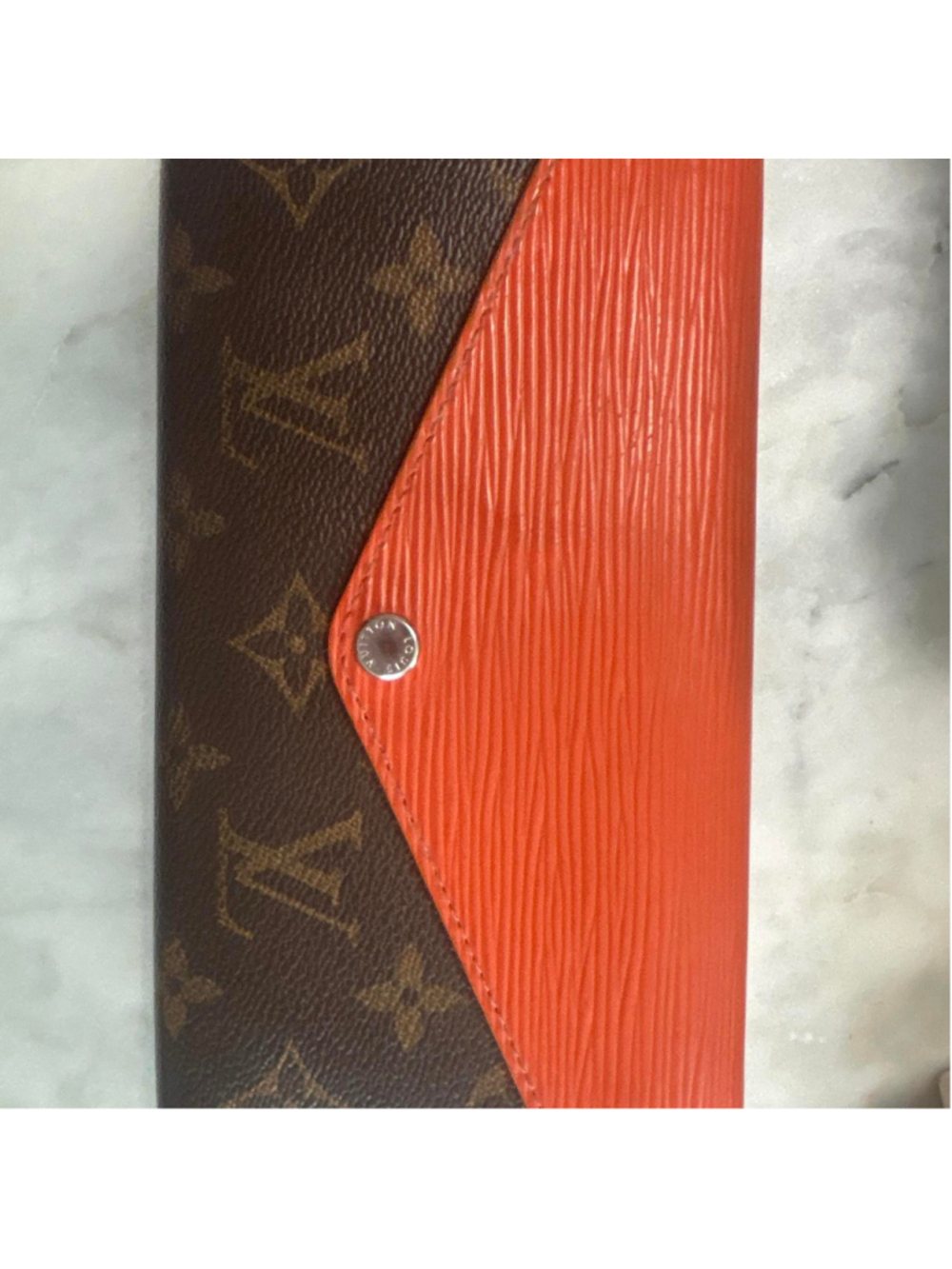 Preowned Brown and orange Louis Vuitton wallet with brown monogram pattern and o